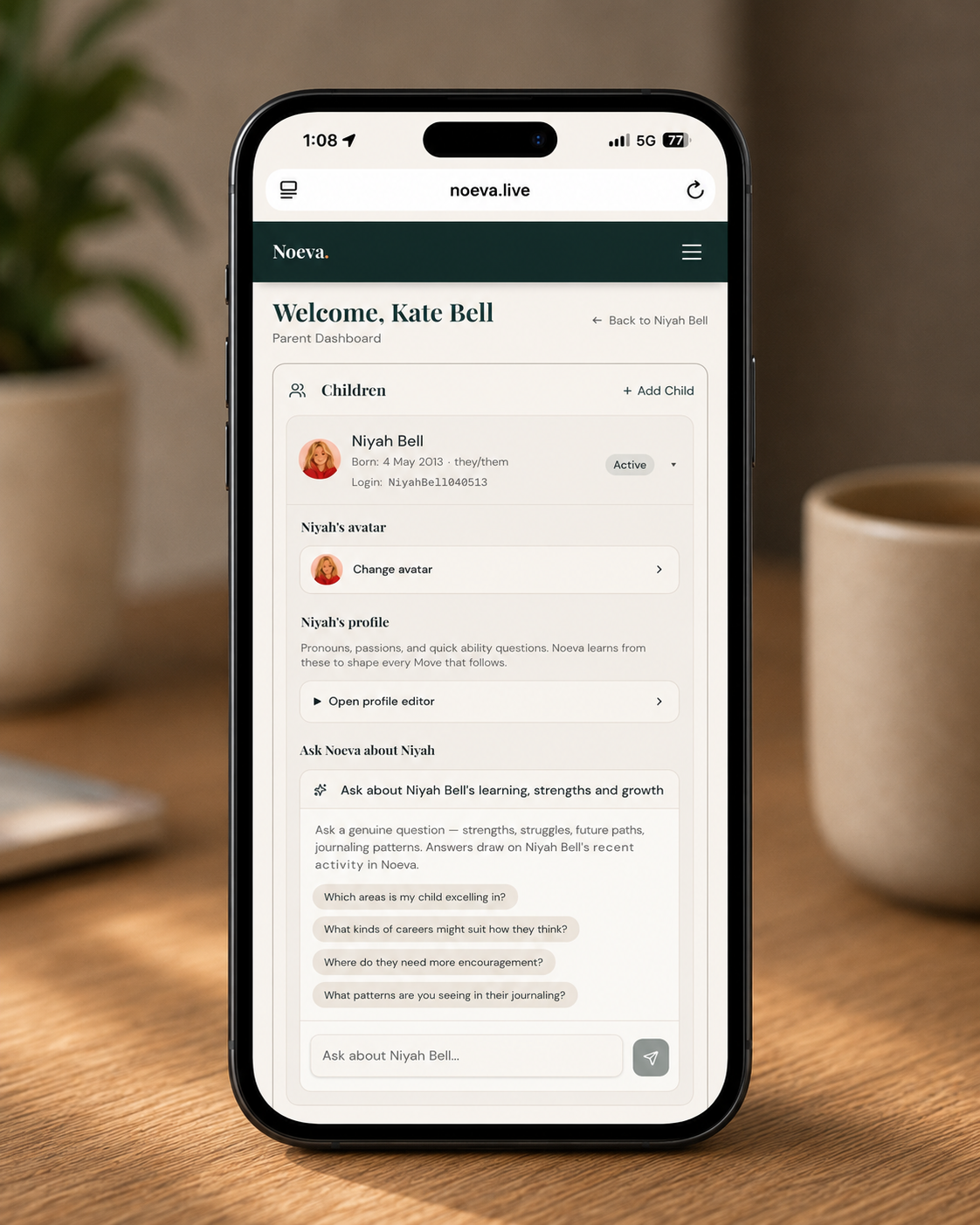 Noeva parent portal showing children and profile management on a phone